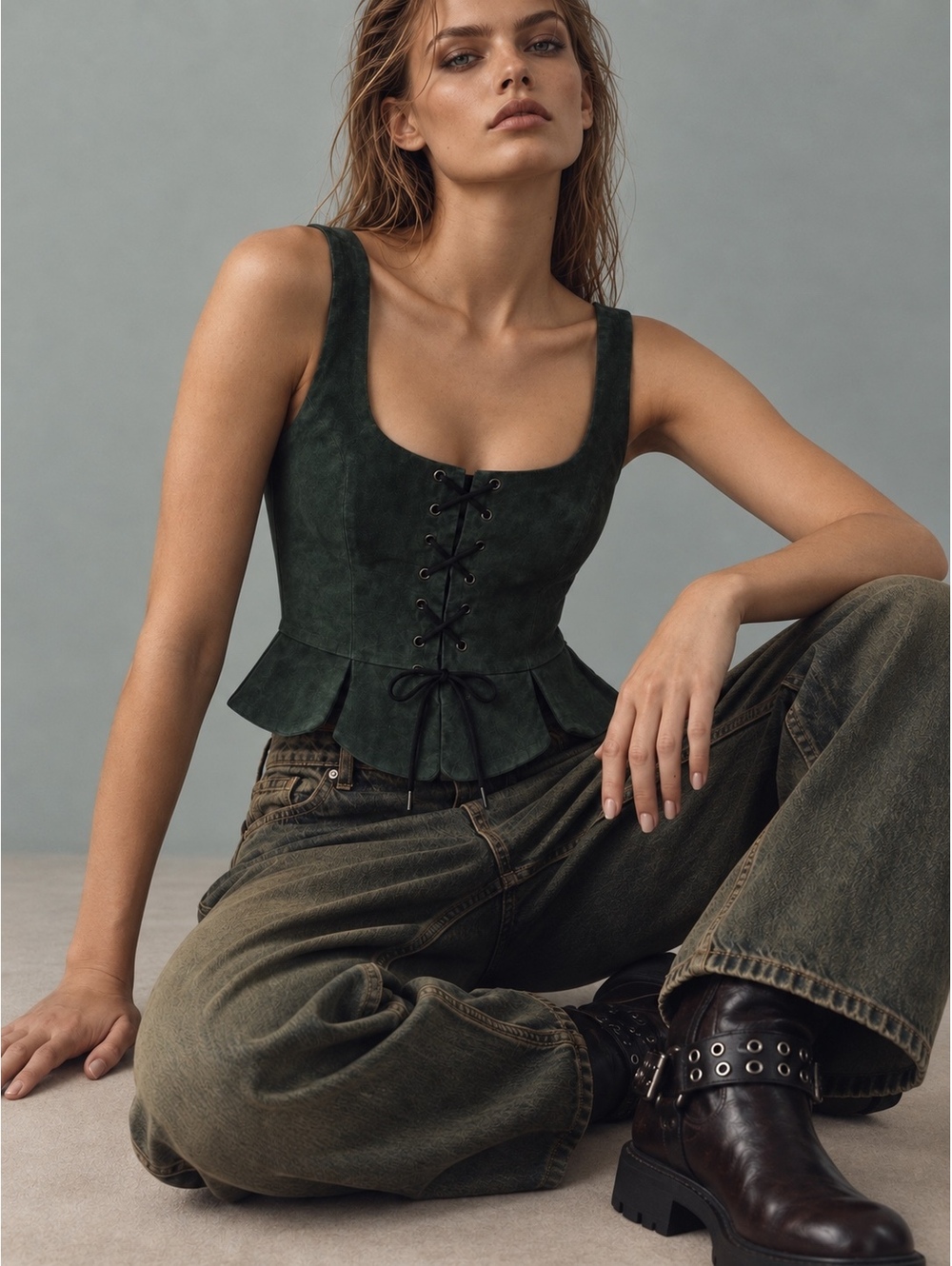 Vintage Green Suede Lace-Up Corset Vest Top Peplum Fairy Grunge Y2K Whimsigoth